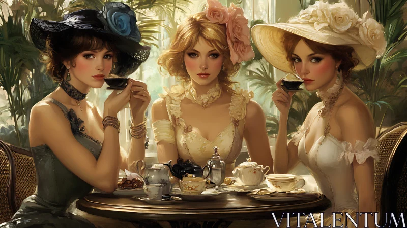Victorian tea salon trio in lavish sunlit elegance.