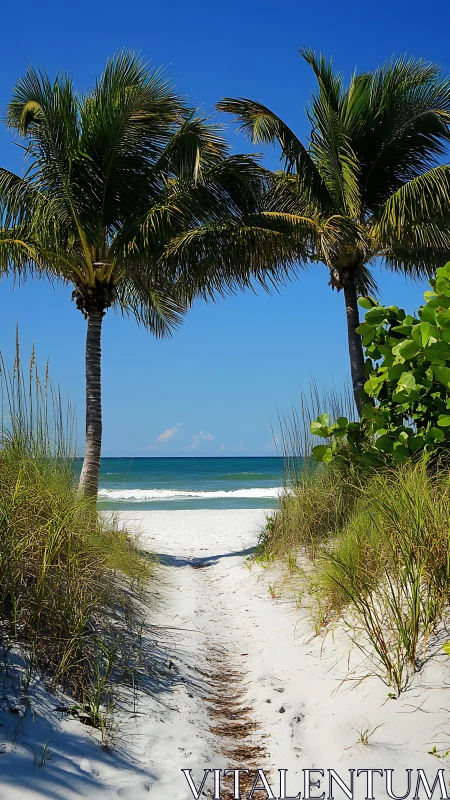White sand path between palms leading to calm ocean view.