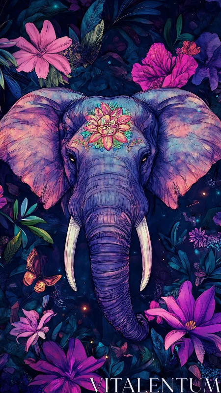 Neon elephant emerges through luminous tropical flowers.