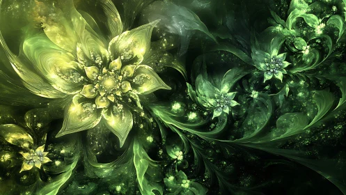Luminous fractal flowers spiral through deep emerald space