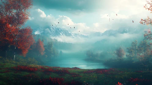 Mist-kissed alpine lake cradled by autumn’s crimson hush.