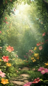 Sunlit garden path bordered by dense flowering vegetation.