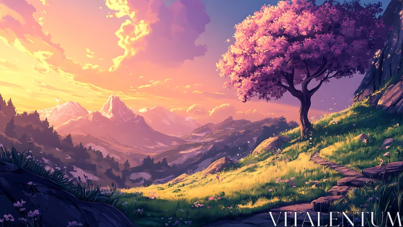 Sunlit blossom tree overlooks tranquil pastel mountain valley