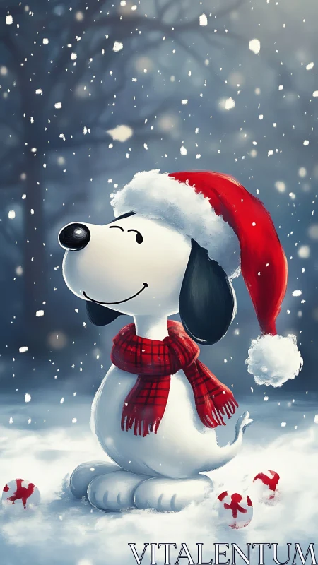 Cartoon dog in Santa hat stands in snowy winter scene