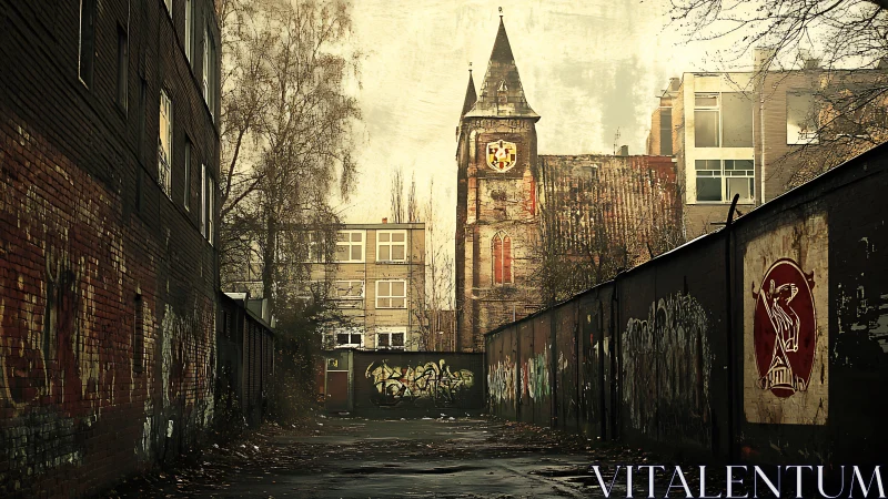 Graffiti-lined alley respectfully crowns a weathered church tower