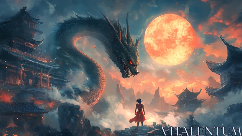 Lone warrior confronts lunar dragon above burning temples.