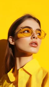 Woman in yellow sunglasses against bold yellow background.