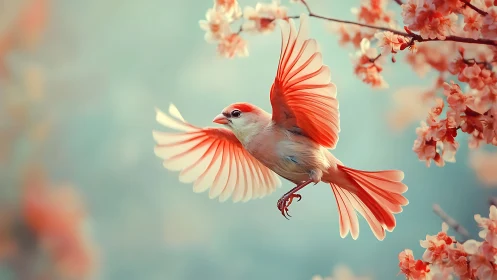 Coral-winged songbird hovers among soft pastel blossoms
