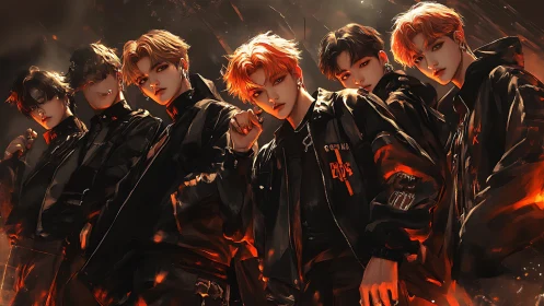 Smoldering boy band lineup in dramatic ember-lit streetwear.