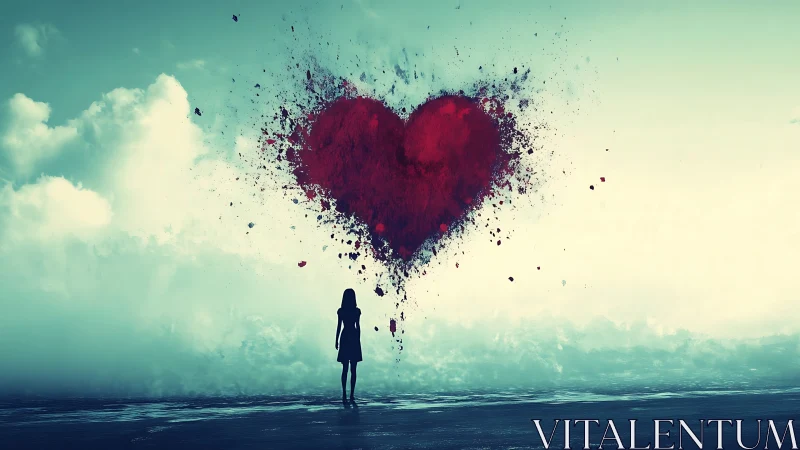 Solitary Figure Beneath Dispersing Heart Form in Liminal Seascape.