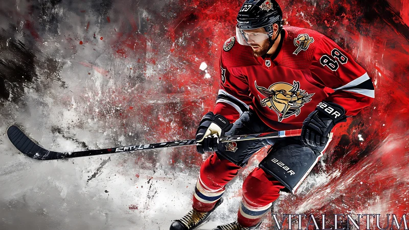 Dynamic hockey player carving through vivid red energy.