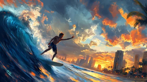 Surfer carves dynamic wave before neon-lit coastal skyline at dusk