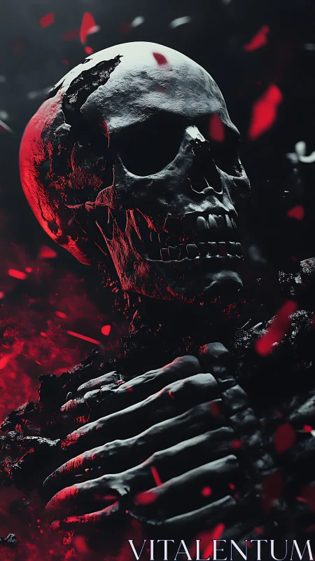 3D fractured skull portrait with dramatic red side lighting.