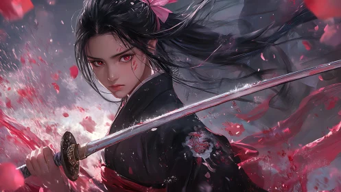 Focused swordswoman with katana amid red petals.
