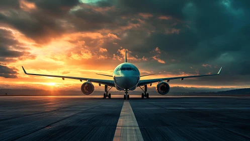 Photorealistic airliner at runway threshold under sunset skies.