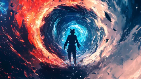 Solitary warrior within swirling fire and ice vortex portal.