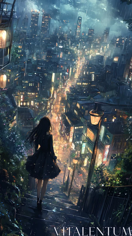 Solitary figure on rainy stairway above illuminated city street.