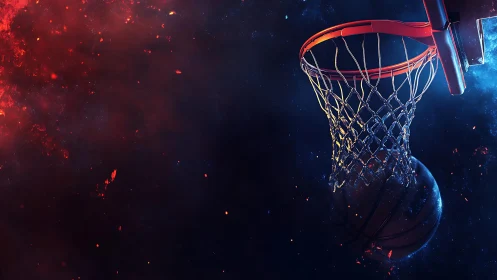 Basketball hoop with glowing ball in dramatic red blue space