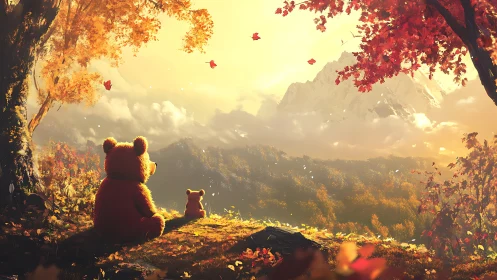 Autumnal ursine silhouettes observing irradiated alpine vista.