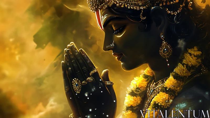 Divine figure in golden light bows in serene devotion