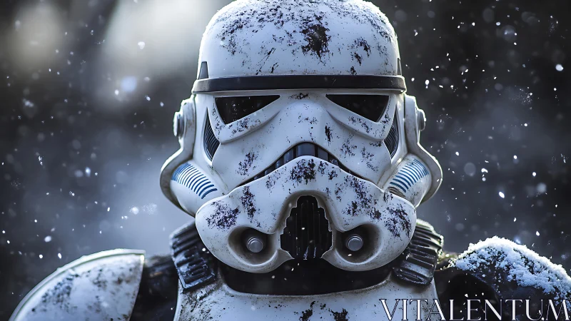 Weathered sci‑fi trooper helmet in falling winter snow.