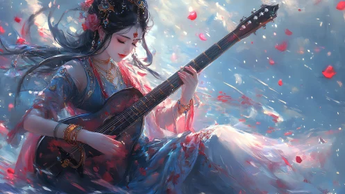 Ethereal goddess strums a guitar amid swirling petals