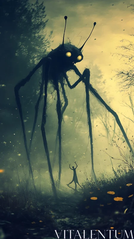 Giant insect-like creature towers over lone figure in forest