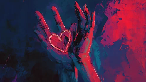 Neon Heart Blooming From Brushstroke Hands