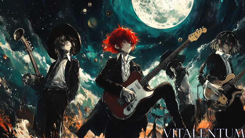 Moonlit anime rock band ignites stormy cosmic skyline.