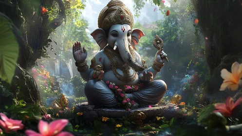 Gentle forest Ganesha basking in soft, magical sunlight.