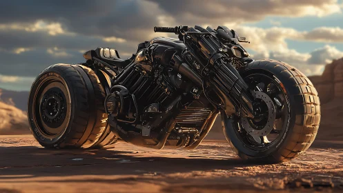 Futuristic black combat motorcycle in desert sunset light.