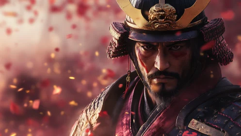 Samurai warrior in ornate armor under falling red petals.