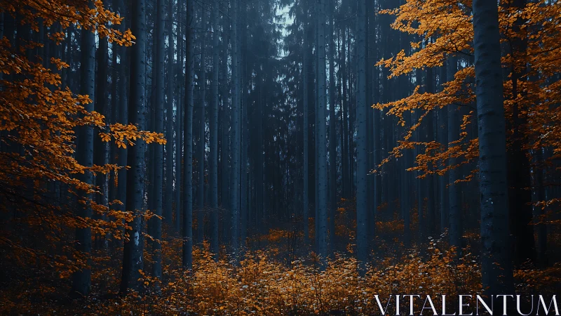 Autumn Forest in Mist. Golden leaves contrast dark forest silhouettes