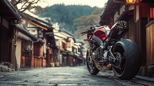 Crimson superbike idles in quiet old-town alleyway hush.