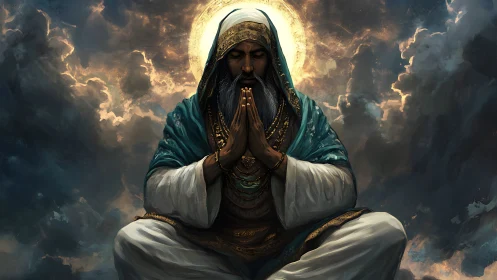 Mystic sage in celestial meditation before luminous halo.