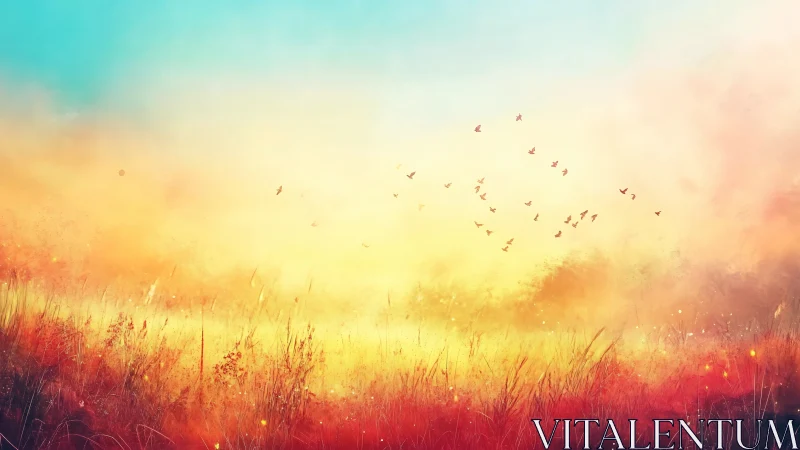 Sunrise songs over ember grasslands in watercolor light.