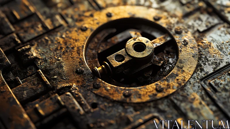 Corroded circular gearlock mechanism with textured metallic patina