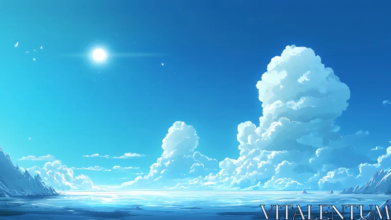 Serene blue seascape unfolds beneath towering summer clouds