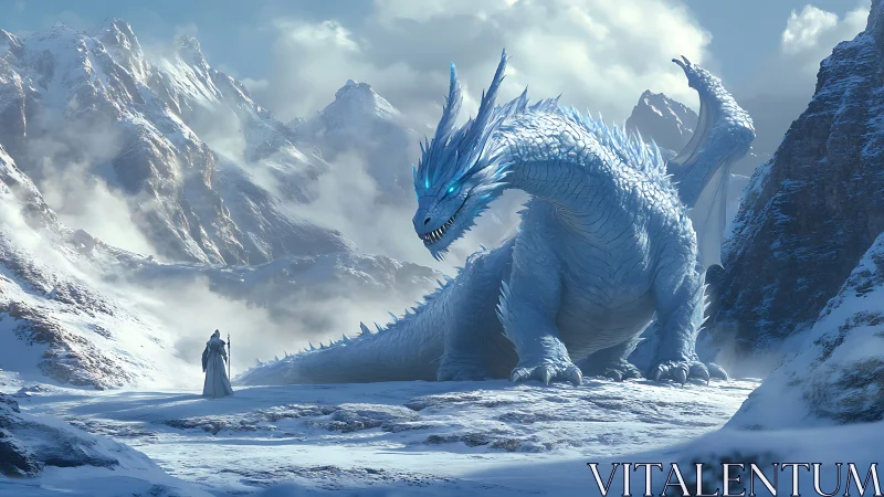 Frostbound dragon and wanderer sharing a quiet mountain truce.