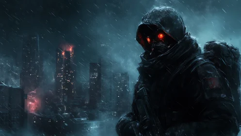 Hooded soldier with red visor stalks ruined neon city in rain