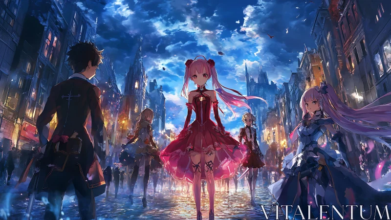 Crimson heroine leads anime squad through neon dusk streets.