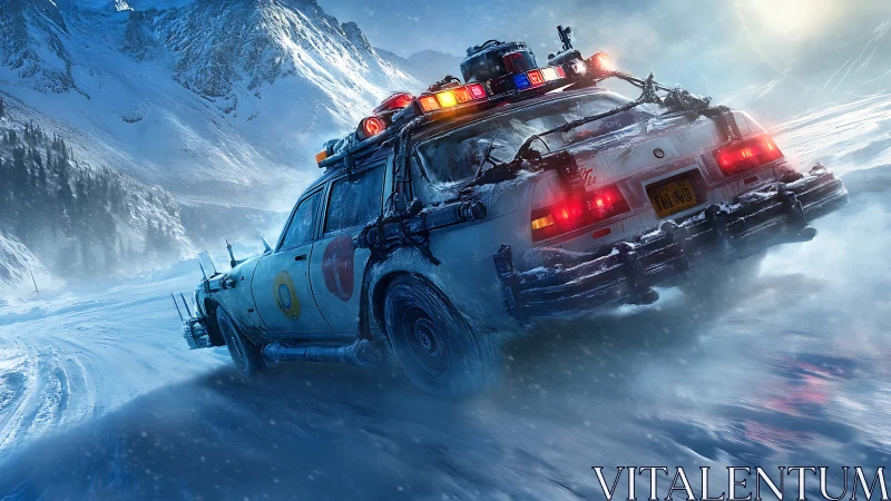 Retro tech car drifts through icy mountain snowstorm.