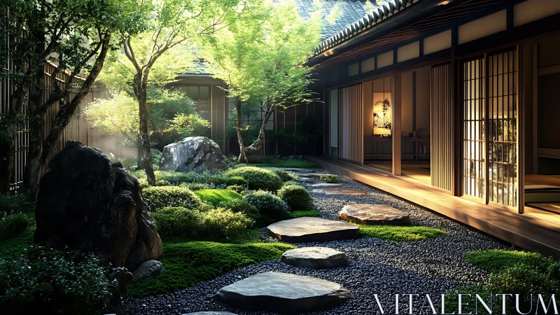Zen courtyard garden with stepping stones and golden light