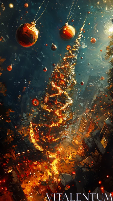 Spiraling Christmas lights warm a dreamlike winter city sky