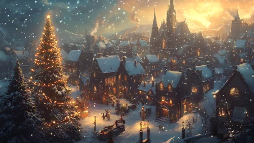 Snowy town square with illuminated Christmas tree at dusk.