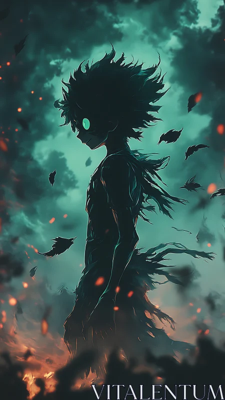 Silhouetted ember‑wreathed figure in volatile teal stormscape.