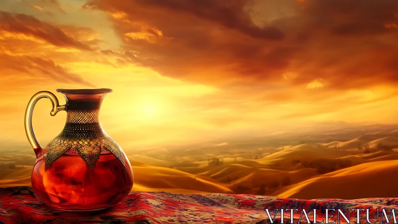 Golden desert sunset with glowing glass tea pitcher.