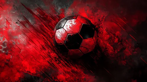 Red and black soccer ball rendered within dynamic paint streaks
