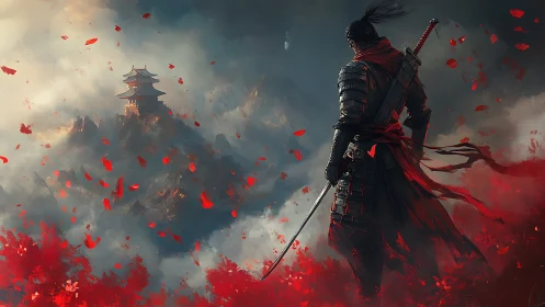 Armored swordsman overlooking distant mountain pagoda.