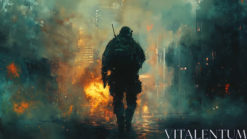 Lone soldier advances through burning city haze at dusk